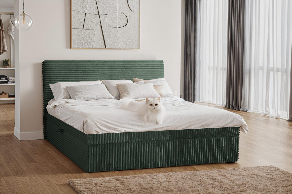 BOXBETT Bettkasten Und Topper TRENTO Ohne Bein Stoff Plüsch Cord 200x200 cm Grün H2-Pocket - Grün, Holz/Textil (200/200cm) - Kaiser Möbel