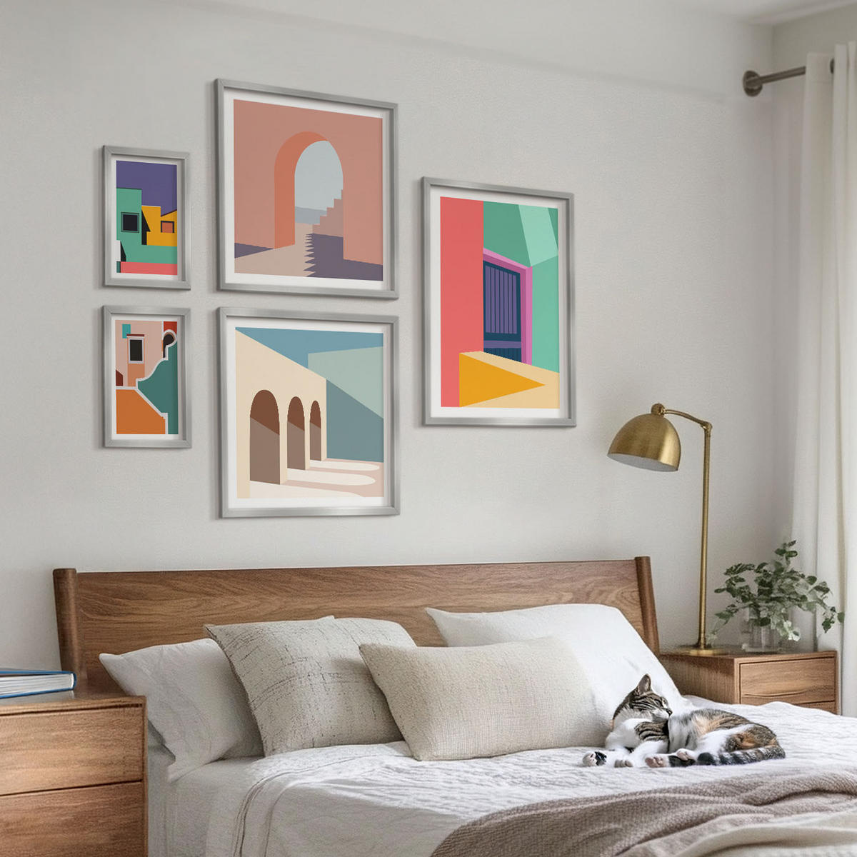 WANDBILDER 5er Set - 50x50 cm & 20x30 cm & 40x60 cm Silberner Rahmen - Farbenfrohe Illustrationen der Stadt - Silberfarben, Kunststoff (40/60cm) - ArtPrintCave