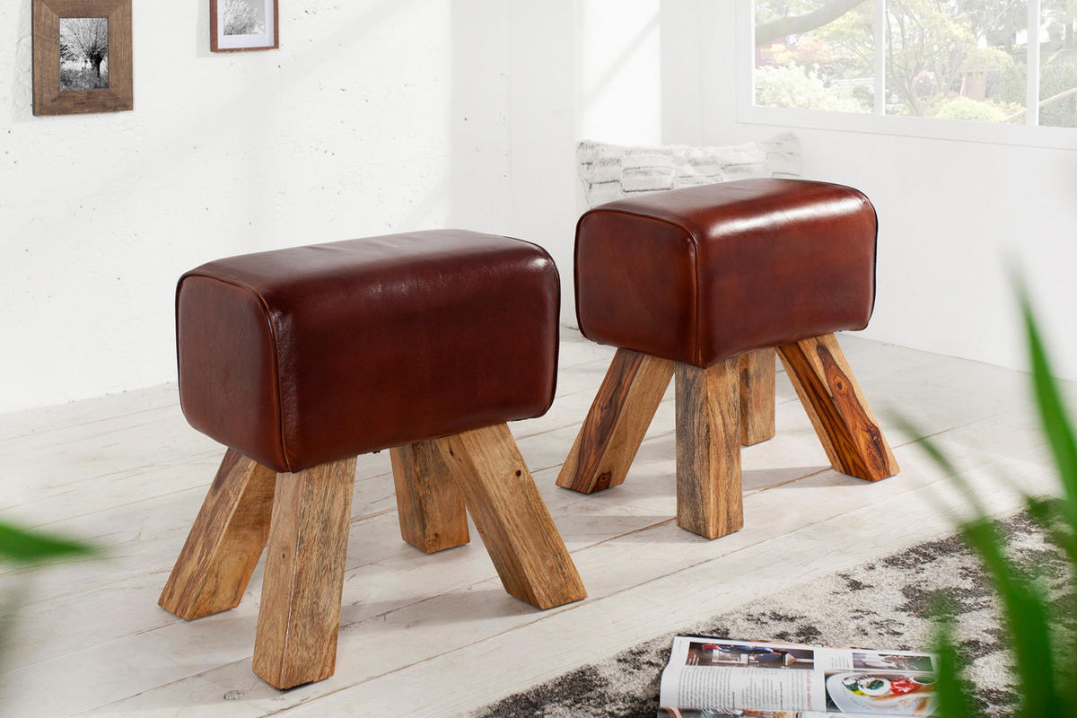 HOCKER TURNBOCK Mango Echtleder Coffee 45 cm - Braun, Mangoholz/Leder (40/45/30cm) - riess-ambiente