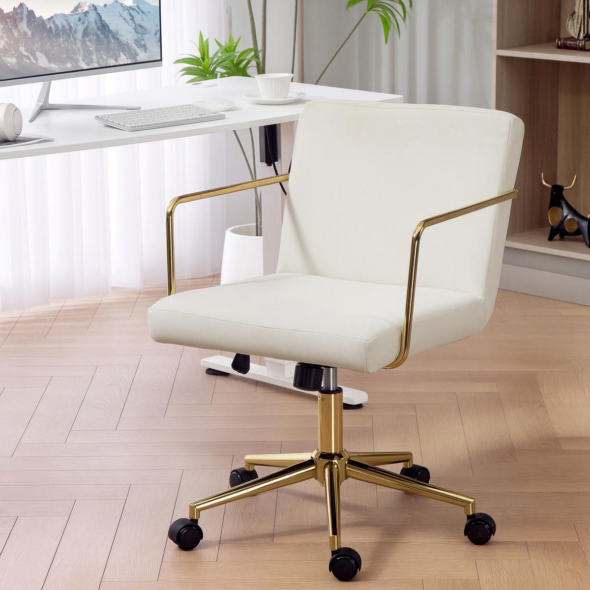SCHREIBTISCHSTUHL höhenverstellbarer Bürostuhl mit Samtoptik Kippfunktion Creme - Goldfarben/Creme, Textil/Metall (57/90/64cm) - HOMCOM