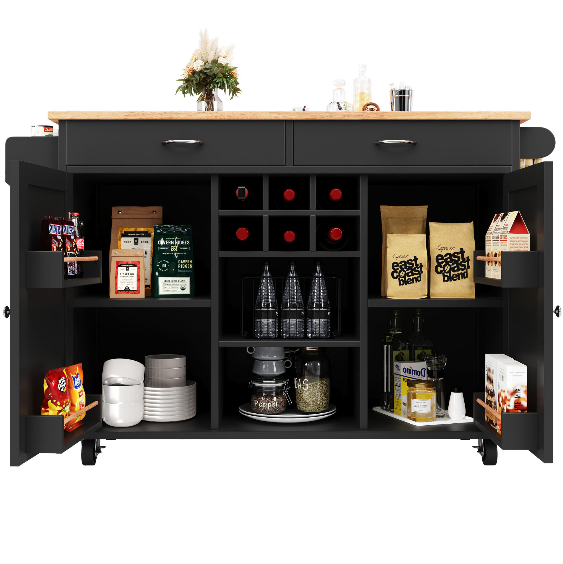 KÜCHENINSEL 102/45/92 cm aus MDF und Metall mit Rollen und verstellbarem Stauraum Schwarz - Schwarz, Holzwerkstoff (102/92/45cm) - Modenvie