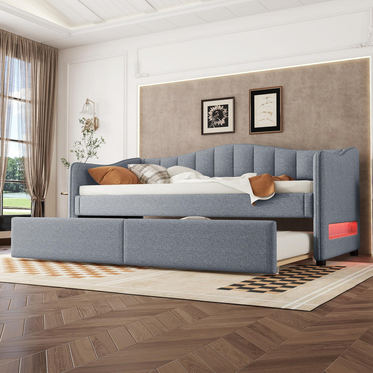 POLSTERBETT 90/200 cm Grau mit Ausziehbett und LED-Beleuchtung aus Leinen und MDF - Grau, Textil (90/200cm) - OKWISH