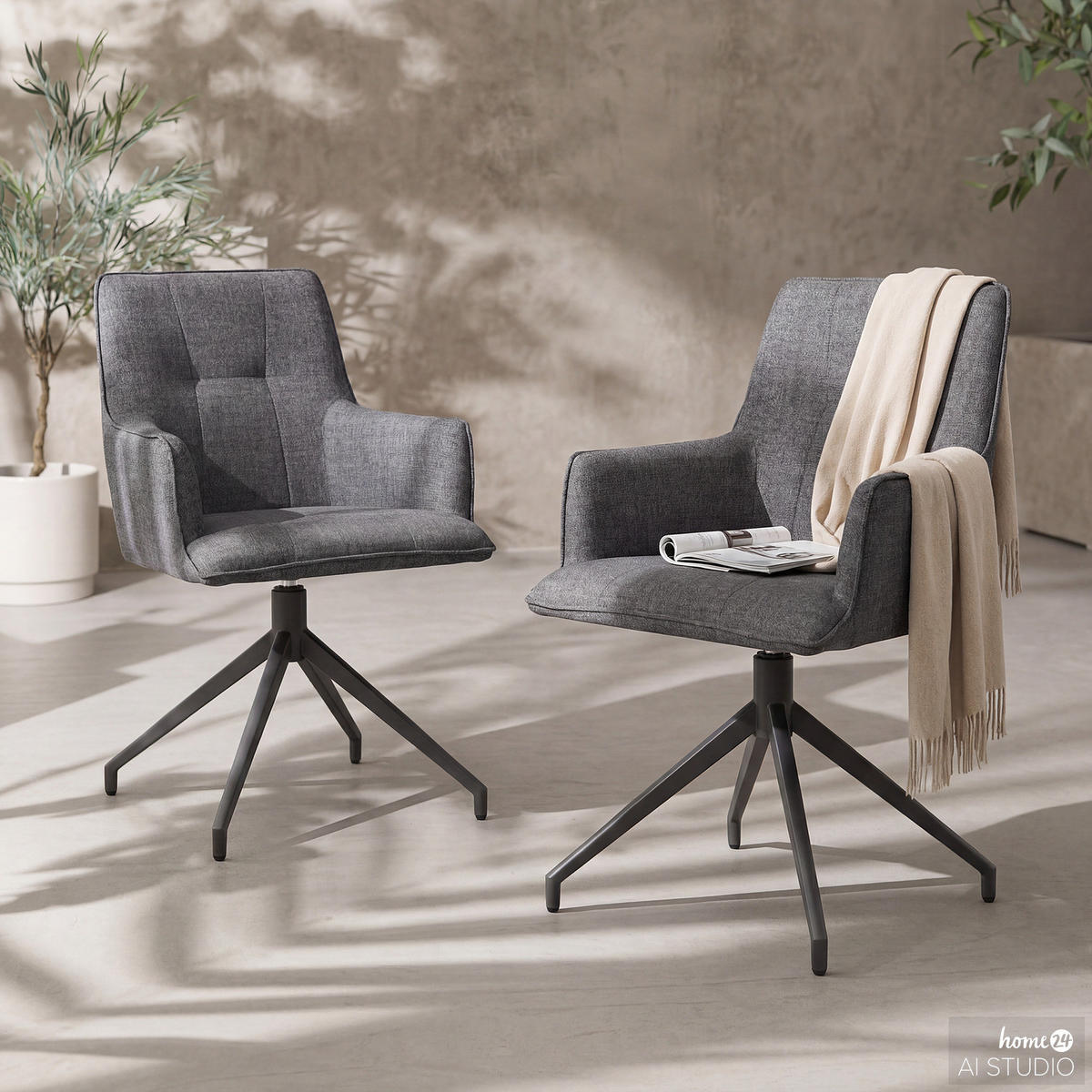 GARTENSTUHL mit Armlehnen - Stahl / Polyester - Dunkelgrau, Textil/Metall (58/87/64cm) - home24