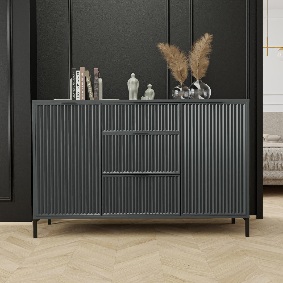 KOMMODE klein Aufbewahrungsschrank mit 3 Schubladen und 2 Türen, Grün - Grün, Holzwerkstoff (135/87/41cm) - Idohome