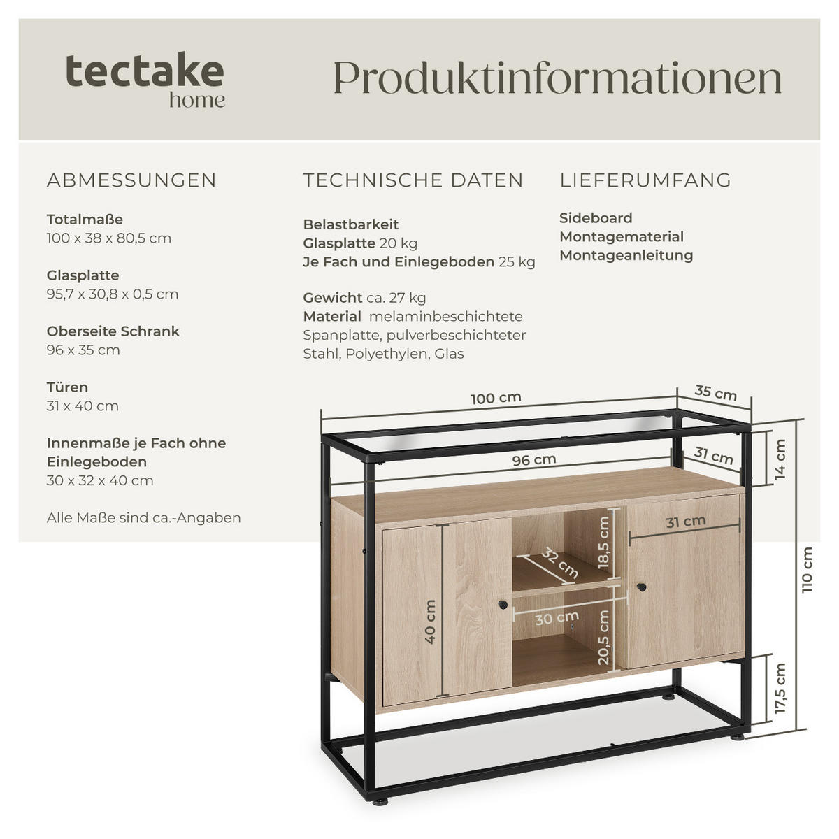 SIDEBOARD Oldham,100 x 38 x 80,5 cm,Industrial Holz hell, Eiche Sonoma - Naturfarben, Holzwerkstoff (38/80.5/100cm) - tectake