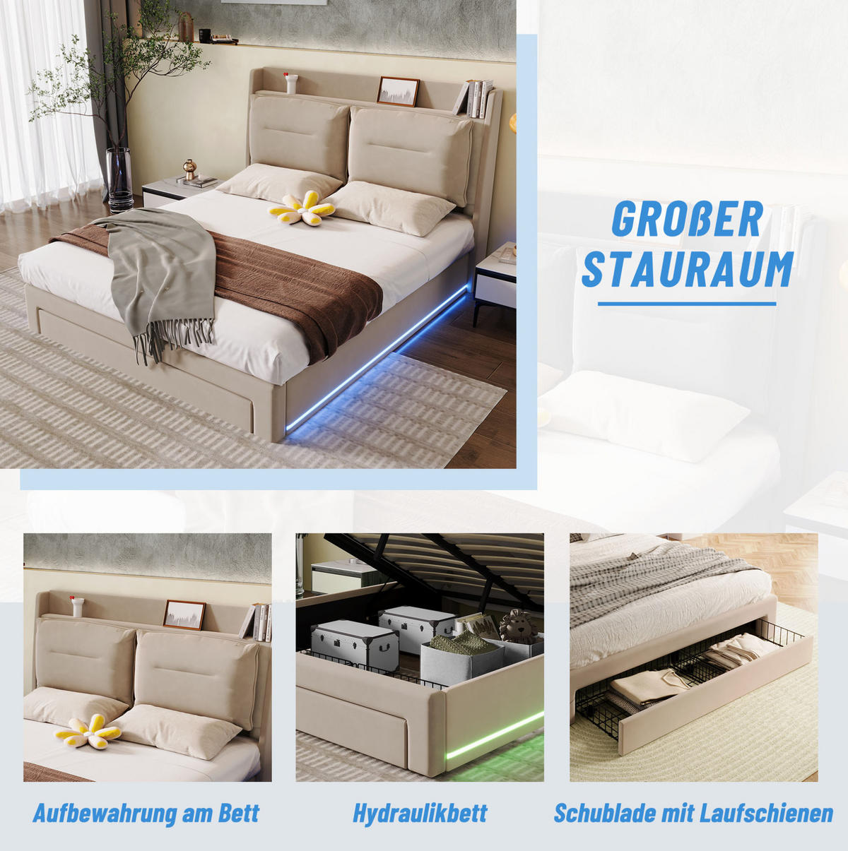 POLSTERBETT aus Samt 180x200 cm in Beige mit LED-Beleuchtung & Stauraum - Beige, Textil (180/200cm) - Modfu