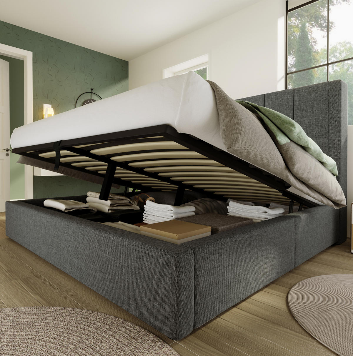 POLSTERBETT mit Stauraum und Ladestation 140x190 cm Leinen Grau - Grau, Metall (140/190cm) - Meubliv