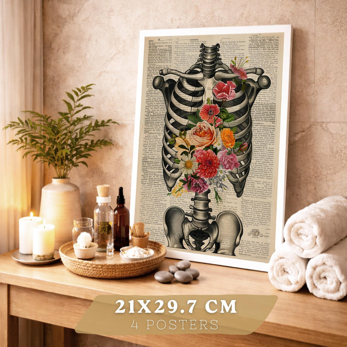 POSTER Set aus 4 Vintage Anatomie und Wandbilder mit Rippen Wirbelsäule Lungen Luftröhre Bronchien Gehirn und Schädel Größe Weißer Rahmen A4 - Weiß, Papier (21/29.7/3cm) - Nacnic