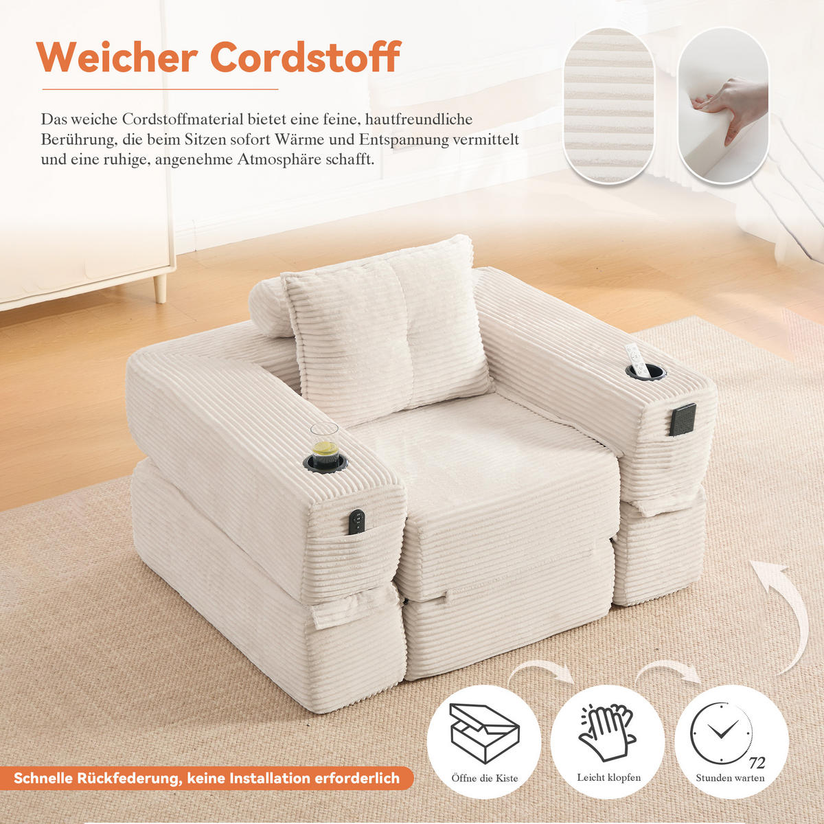 SCHLAFSOFA mit Cordbezug, Federkern, Getränkehalter und Seitentasche in Beige - Beige, Textil (122/80/98cm) - EVRYAE