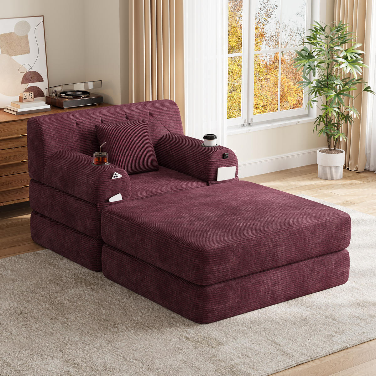 SCHLAFSOFA mit Hocker, Liegefunktion, Getränkehaltern und Seitentaschen in Weinrot aus Cord - Weinrot, Textil (191/60/162cm) - EVRYAE
