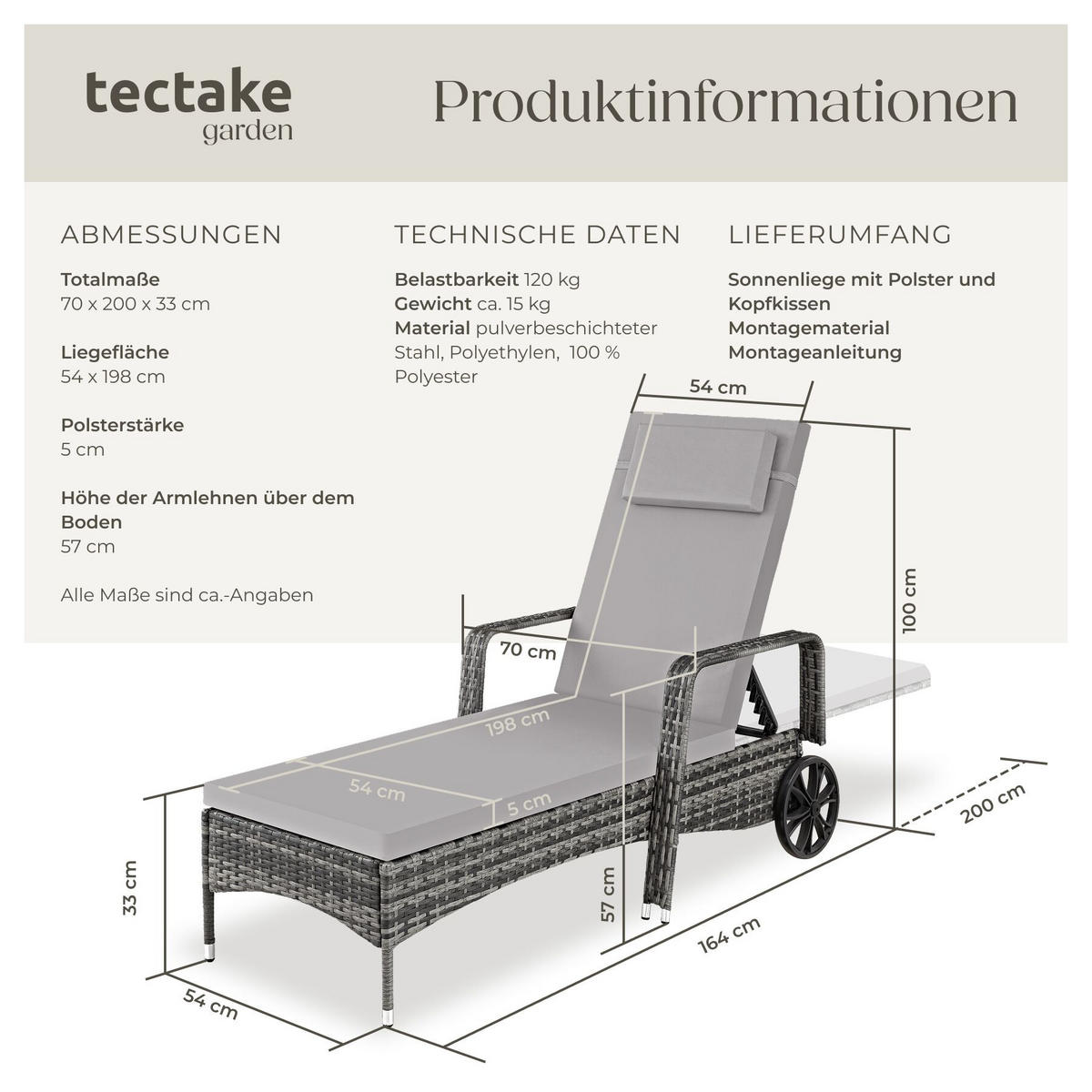 RATTAN-SONNENLIEGE, 200 x 70 x 33 cm, grau/hellgrau - Grau, Kunststoff (70/33/200cm) - tectake