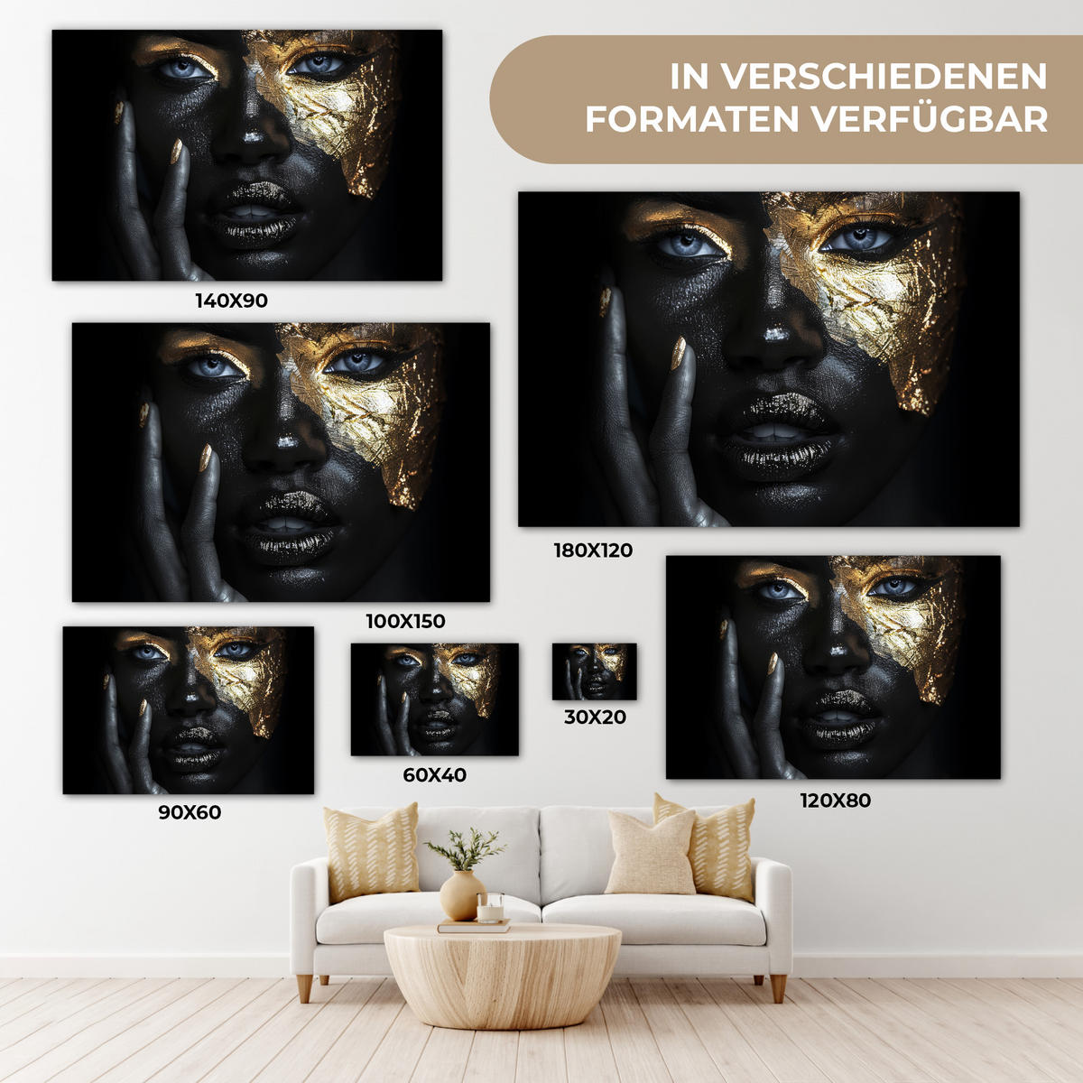 LEINWANDBILD Frau - Gold - Porträt - Schwarz-Weiß - Luxus Groß 140x90 cm - Hellblau, Textil (140/90cm) - MuchoWow