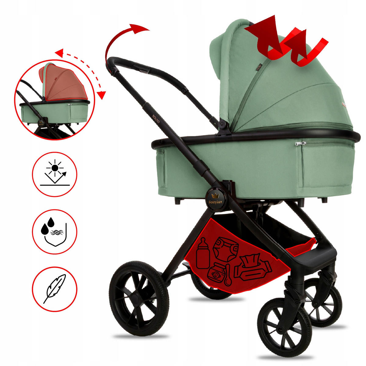 KINDERWAGEN Boldo 4in1 Grau Babywanne, Reisebuggy, Autositz, Isofix Basis - Schwarz/Grün, Textil/Metall (58/98cm) - BabyLux