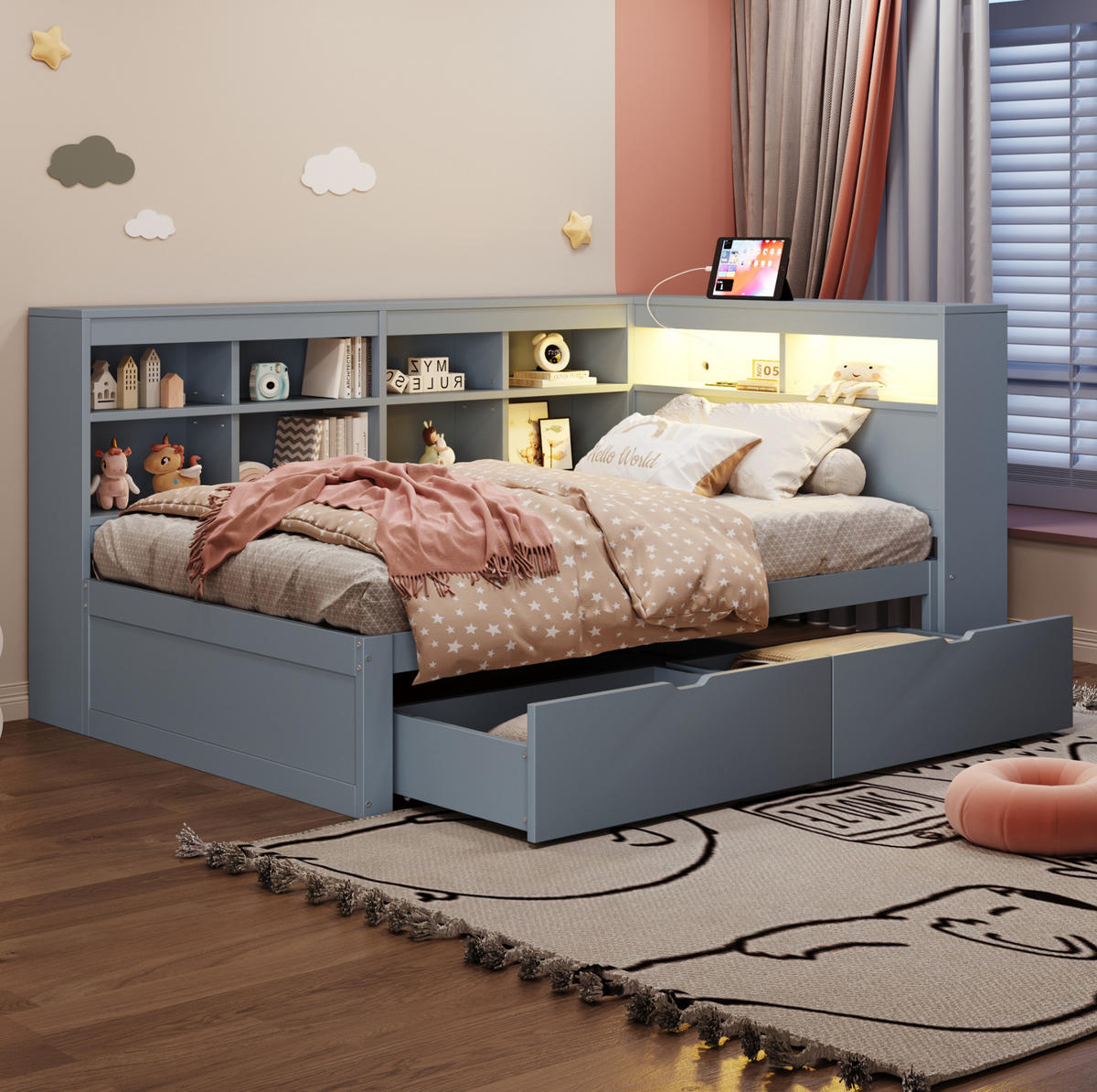 HOLZBETT 90/200 cm mit Kopfteil, Stauraum und LED/USB in Grau - Grau, Holzwerkstoff (90/200cm) - BEAOK