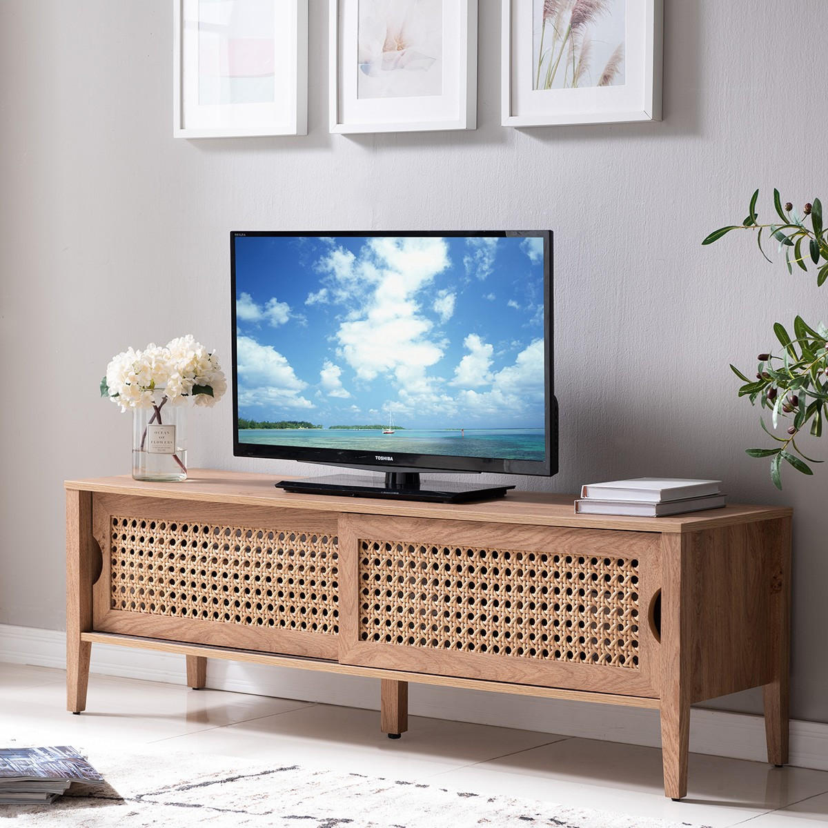 TV-MÖBEL mit 2 Schiebetüren Rattan-Dekor - L138 cm - Apfelbaumfarben, Holzwerkstoff (39.6/45.5/138cm) - Calicosy