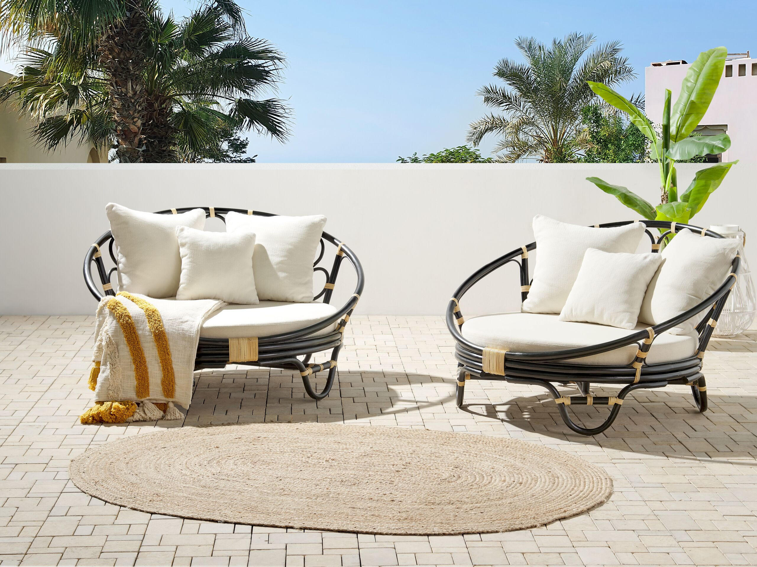 SONNENINSEL 2er-Set Rattan schwarz Auflagen beige ROSSANO - Beige/Schwarz, Naturmaterialien (112/71/110cm)