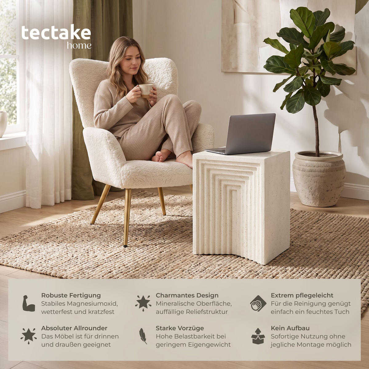 BEISTELLTISCH Aline, 38 x 38 x 51 cm, creme - Creme, Keramik (38/38/51cm) - tectake