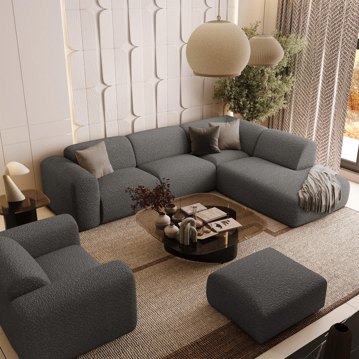 ECKSOFA RECHTS Bouclé-Stoff Graphitgrau 269cm - Graphitfarben/Grau, Textil (269/221cm) - Sia Home