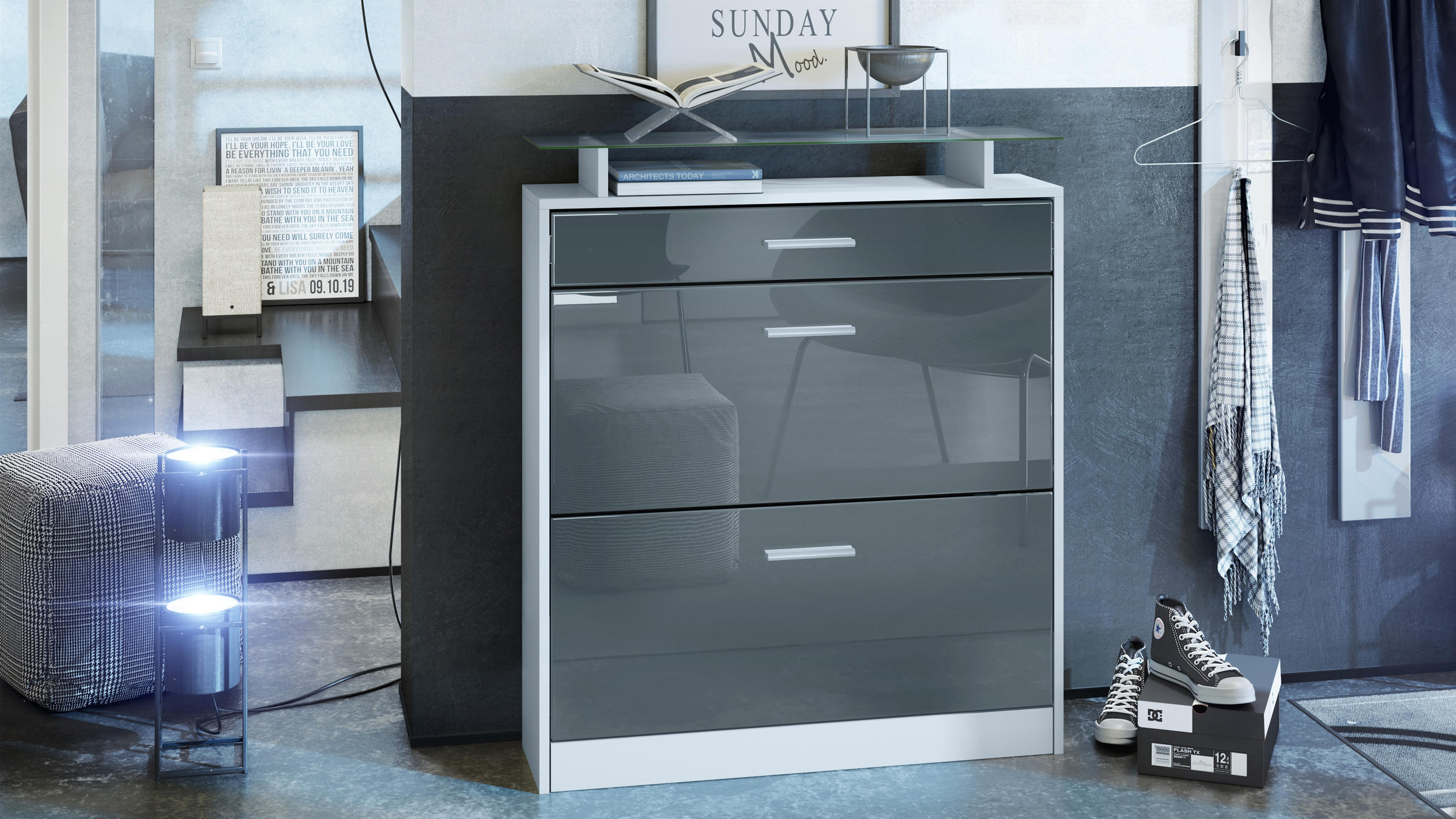 SCHUHSCHRANK Loret Front in Grau Hochglanz - Grau, Holzwerkstoff (89/104/23cm) - Vladon