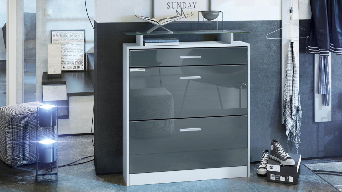 SCHUHSCHRANK Loret Front in Grau Hochglanz - Grau, Holzwerkstoff (89/104/23cm) - Vladon