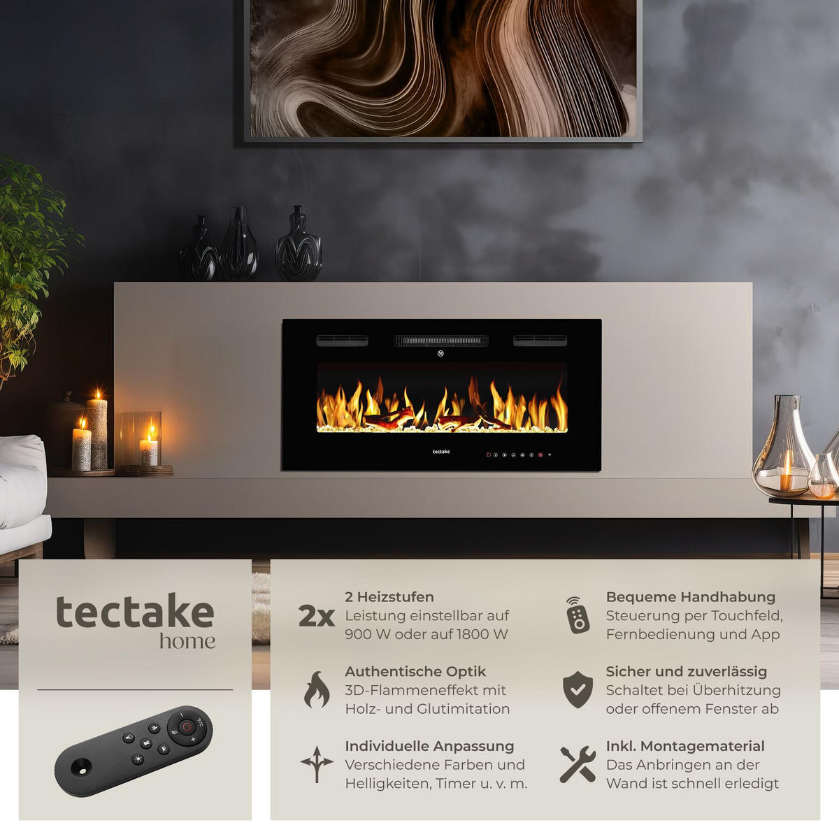 ELEKTRO-WANDKAMIN Luci, mit Fernbedienung und App-Steuerung, integriertes Thermostat, schwarz - Schwarz, Metall (91.5/43/12cm) - tectake