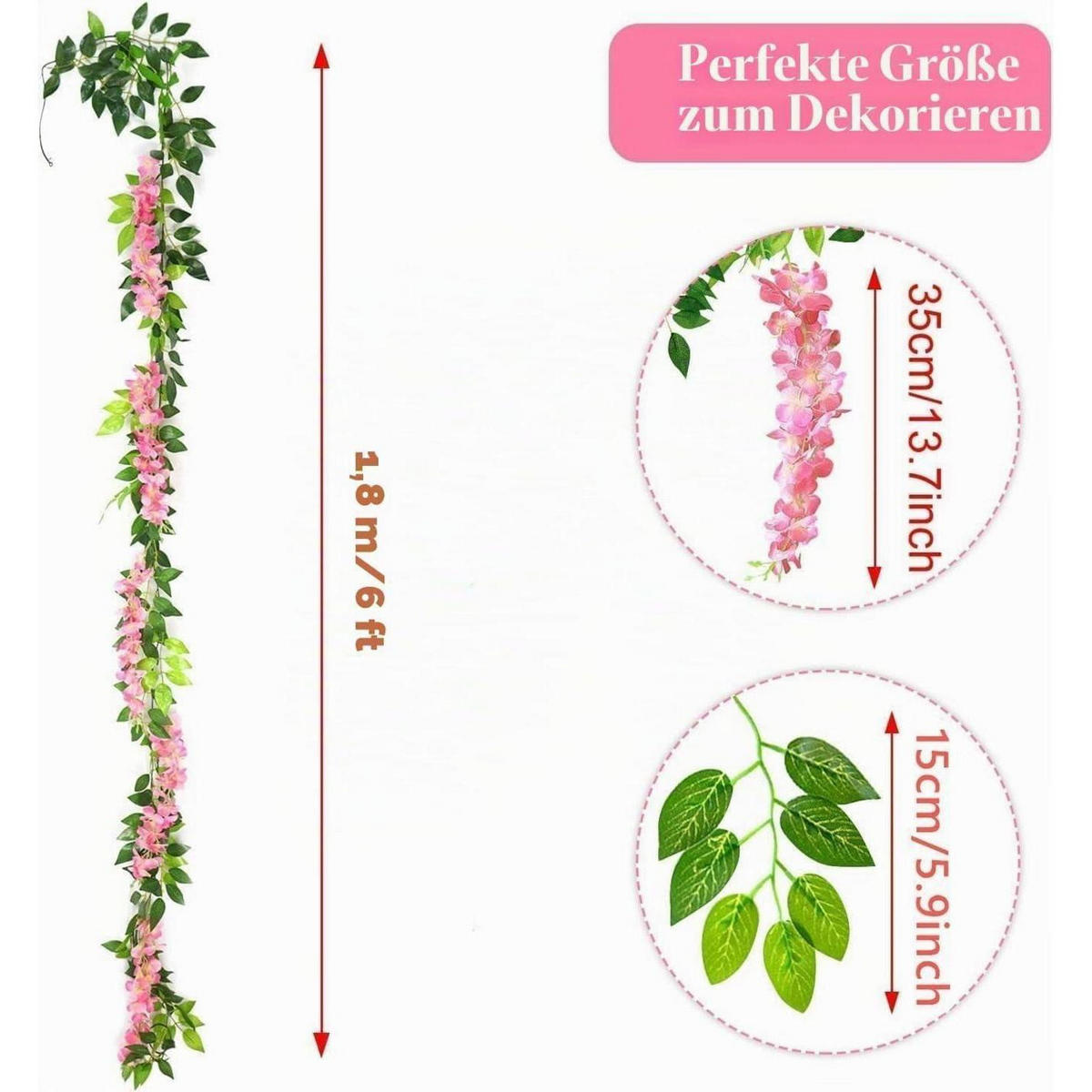KÜNSTLICHE Blumen Ranken 2 Stück 1.8 m Rosa - Rosa, Kunststoff (15cm)