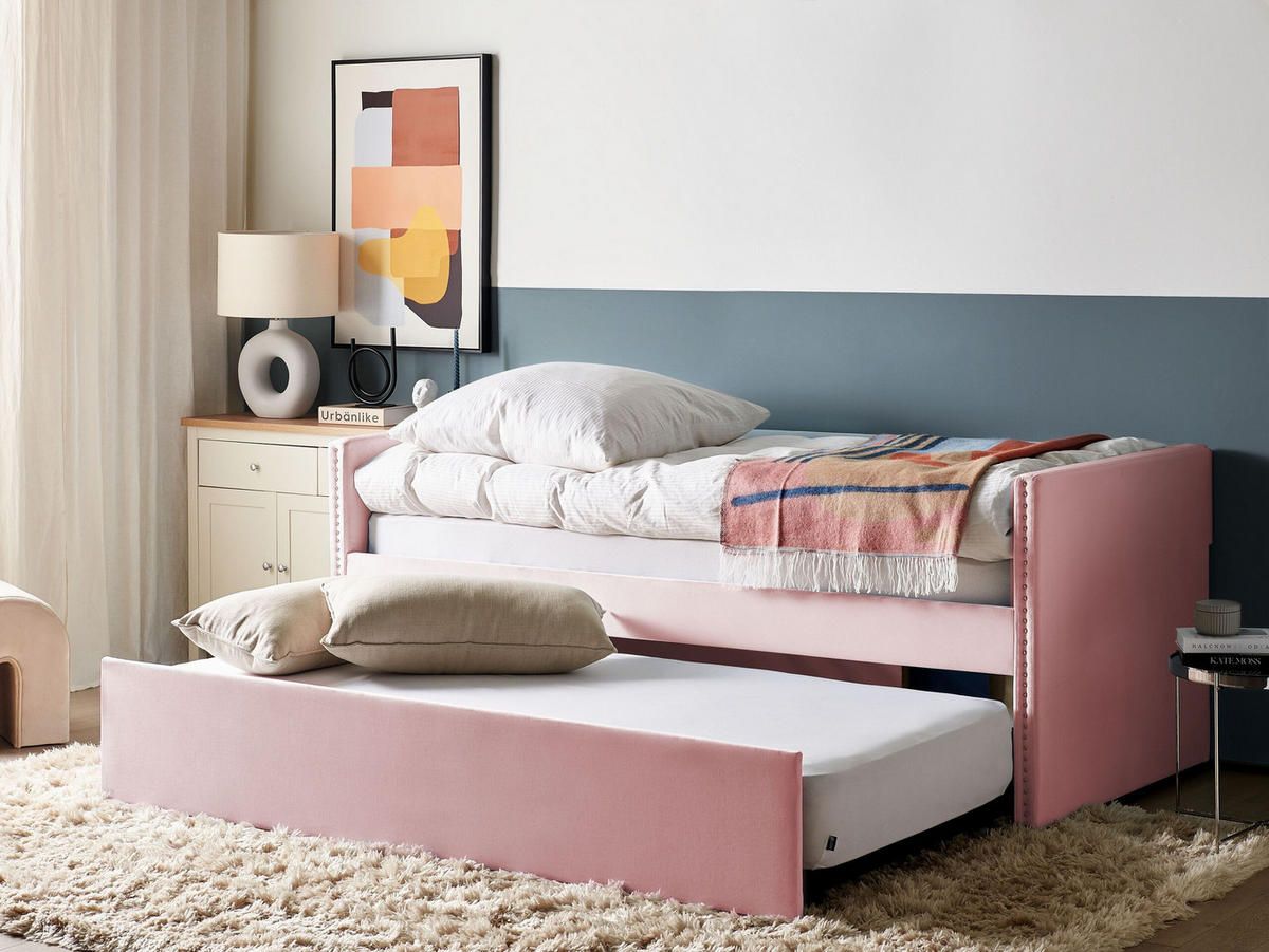 VYSOUVACÍ POSTEL Sametová látka 90/200 cm Pastelově růžová Troyes - růžová, textil (90/200cm) - Beliani