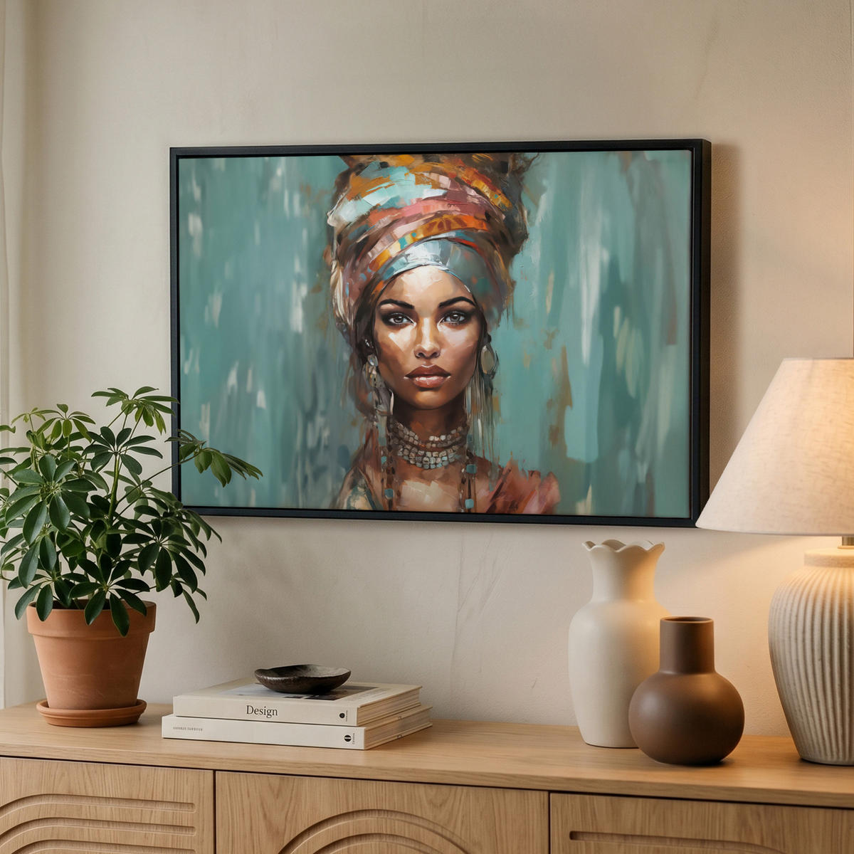 LEINWAND Bilder mit Rahmen - Frau - Kunst - Schmuck - Porträt - 60x40 - Blaugrau, Textil (60/40cm) - MuchoWow