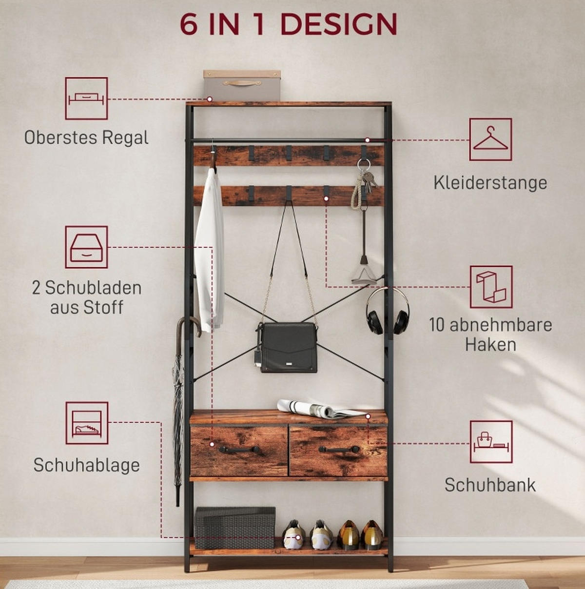 FLURGARDEROBE 80/30/180 cm aus Holzwerkstoff und Metall mit Sitzbank und 10 Haken Braun - Braun, Holz (80/180/30cm) - Modenvie