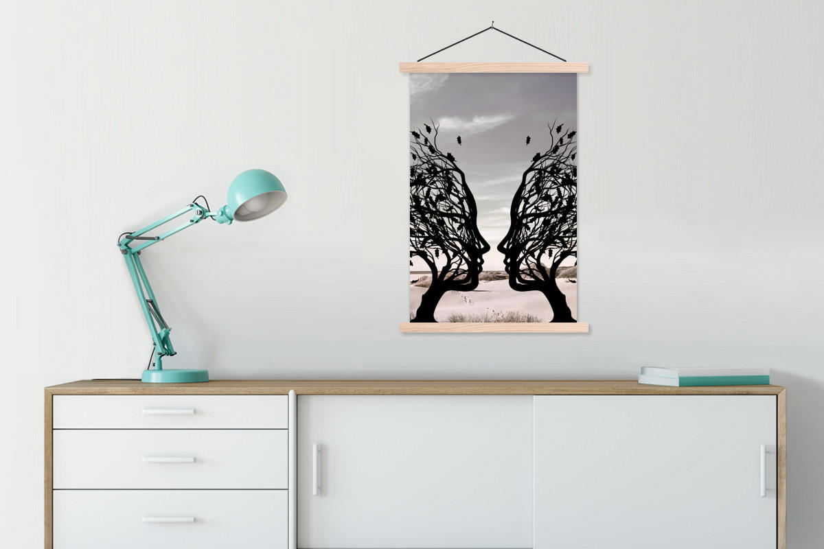 POSTER Strand - Meer - Menschen - Baum - Moderne Kunst 60x90 cm - Hellgrau, Textil (60/90/0.15cm) - MuchoWow