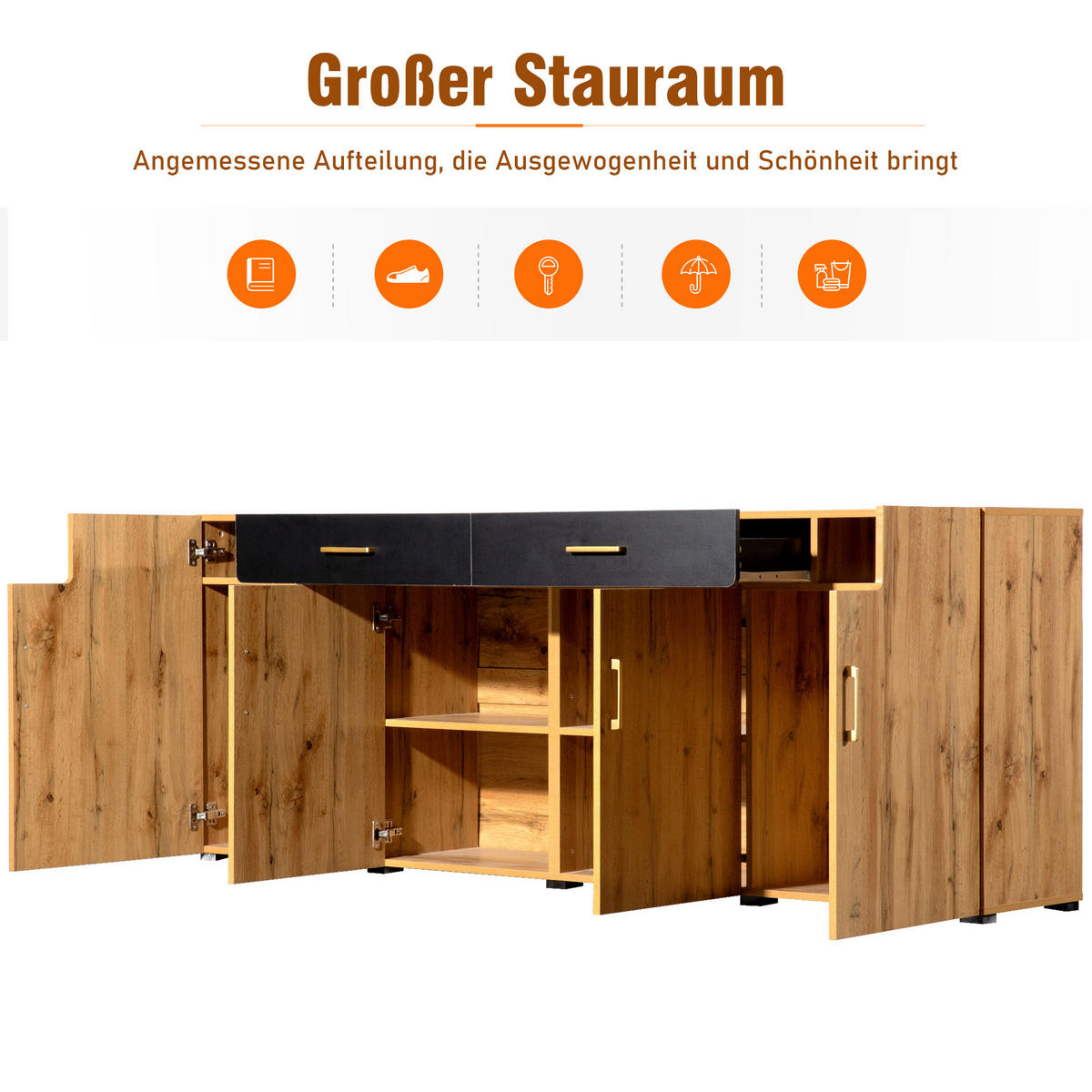 SIDEBOARD 4 Türen 2 Schubladen 208x39.5x80cm Stauraum - Braun, Holzwerkstoff (39.5/80/208cm) - FLIEKS
