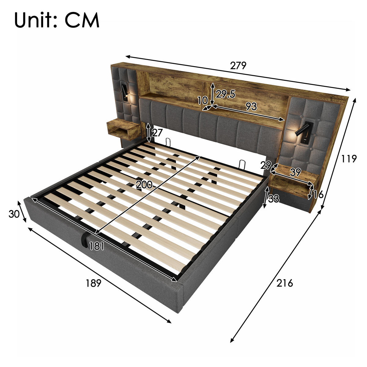 BETT 180/200 cm in Grau Leinen mit Stauraum, LED, Leselampen, Nachttischen und USB Type-C - Grau, Holzwerkstoff/Textil (180/200cm) - WISHDOR