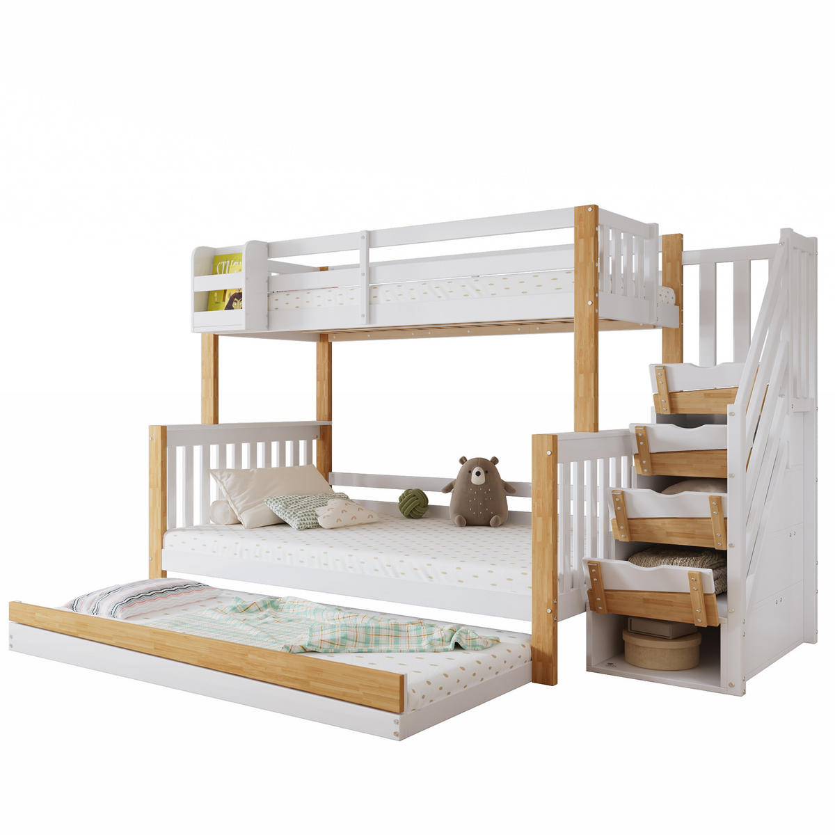 ETAGENBETT 90/200 cm weiß aus Kiefer mit Rollbett und Stauraumtreppe - Weiß, Holz (90/200cm) - OKWISH