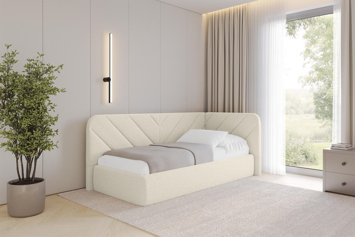 EINZELLBETT Jugendbett mit Bettkasten und Matratze H3/H4, Links - FIKY 90x200 Beige - Champagner, Holzwerkstoff/Textil (90/200cm) - ALTDECOR