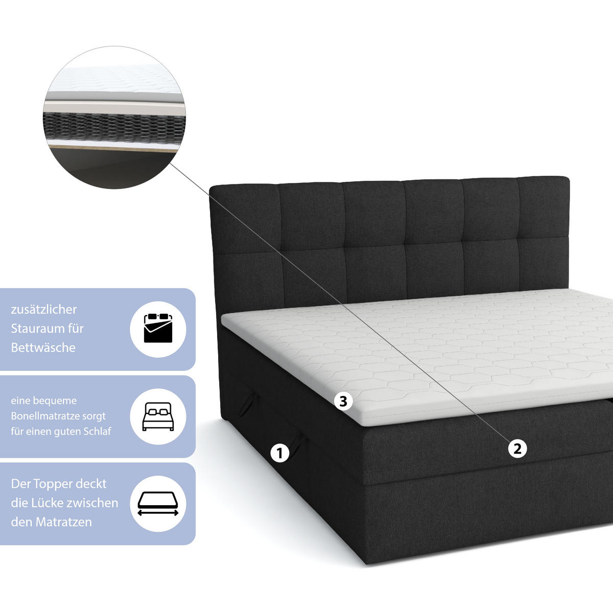 BOXBETT Doppelbett Corino Schwarz 180x200 cm - Schwarz, Naturmaterialien (180/200cm)