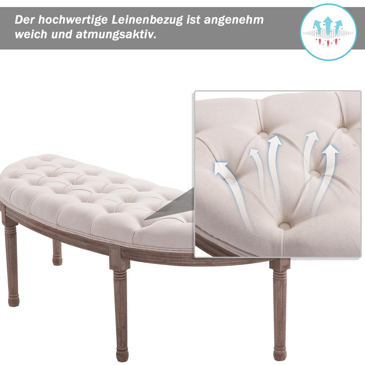 POLSTERBANK mit Knöpfen, Leinen + Holz, beige, 140,5 x 51 x 48 cm - Beige, Kunststoff (51/48/1405cm) - HOMCOM