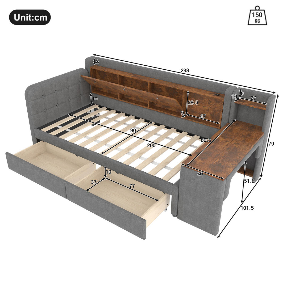 POLSTERBETT aus Leinen & MDF 90x200 cm in Grau mit Schreibtisch & 2 Schubladen - Grau, Textil (90/200cm) - Modfu