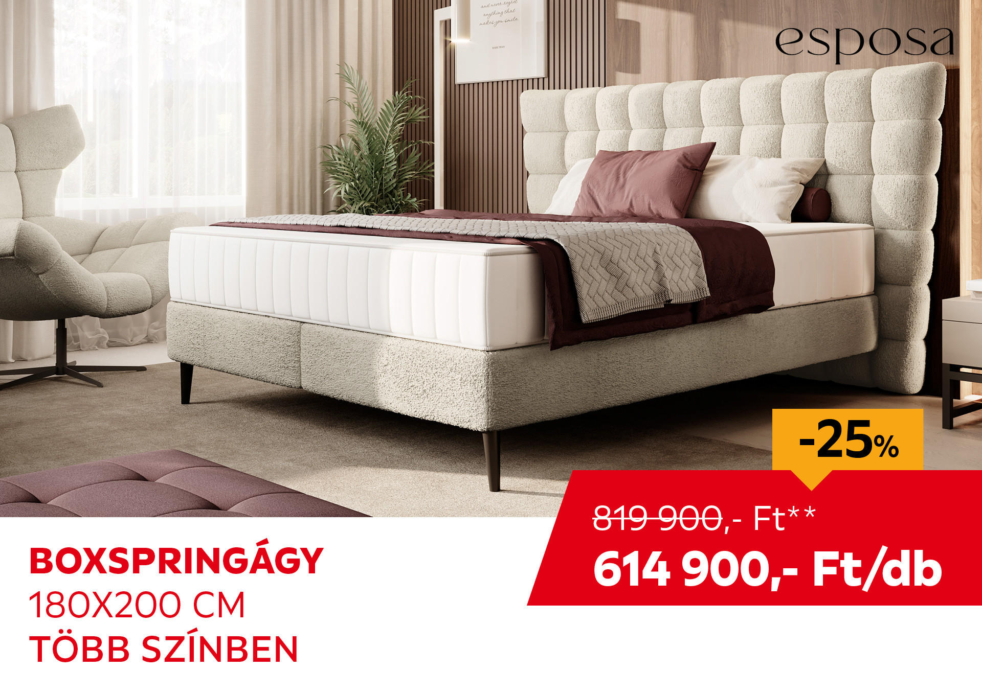 BOXSPRINGÁGY  180X200 CM Kiemelt termék 819900 Ft.- helyett 614900 Ft.-