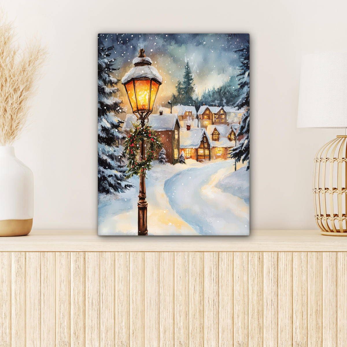 LEINWANDBILD Weihnachtsdorf - Häuser - Schnee - Weihnachten 30x40 cm - Sandfarben, Textil (30/40cm) - MuchoWow