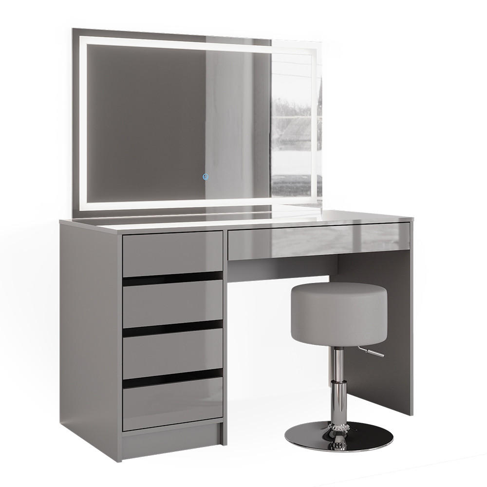 SCHMINKTISCH Sherry Grau 120 cm mit LED-Spiegel und Hocker - Grau, Holzwerkstoff (120/75/55cm) - Vicco