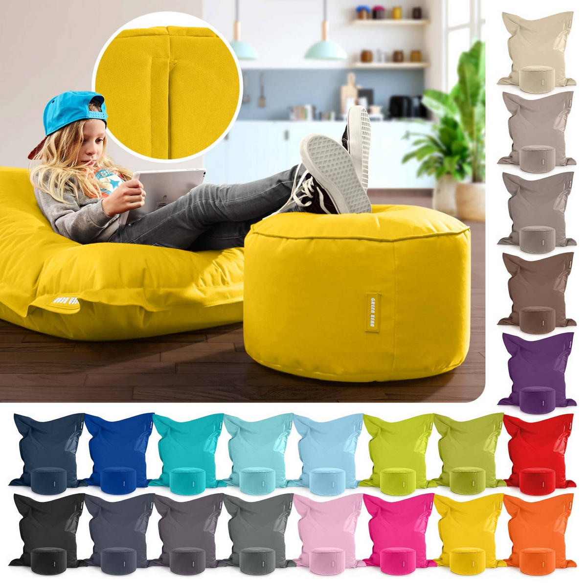 XXL-SITZSACK + Pouf 2er Set - 140x180cm - Gelb, Textil (140/25/180cm) - Green Bean