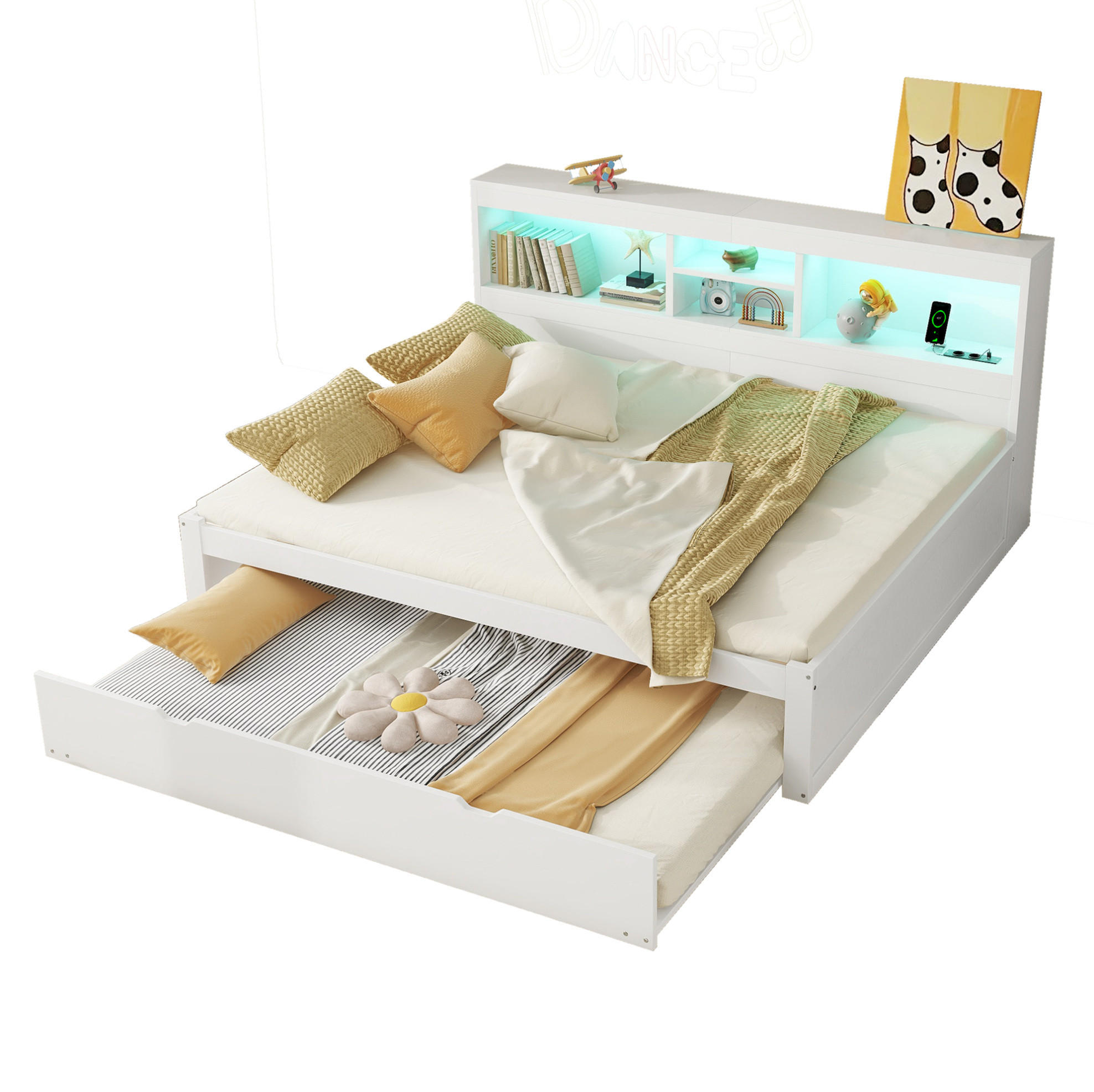 MULTIFUNKTIONSBETT 140/200 cm Weiß mit Ambiente-Beleuchtung und Stauraum - Weiß, Holzwerkstoff (140/200cm) - OKWISH