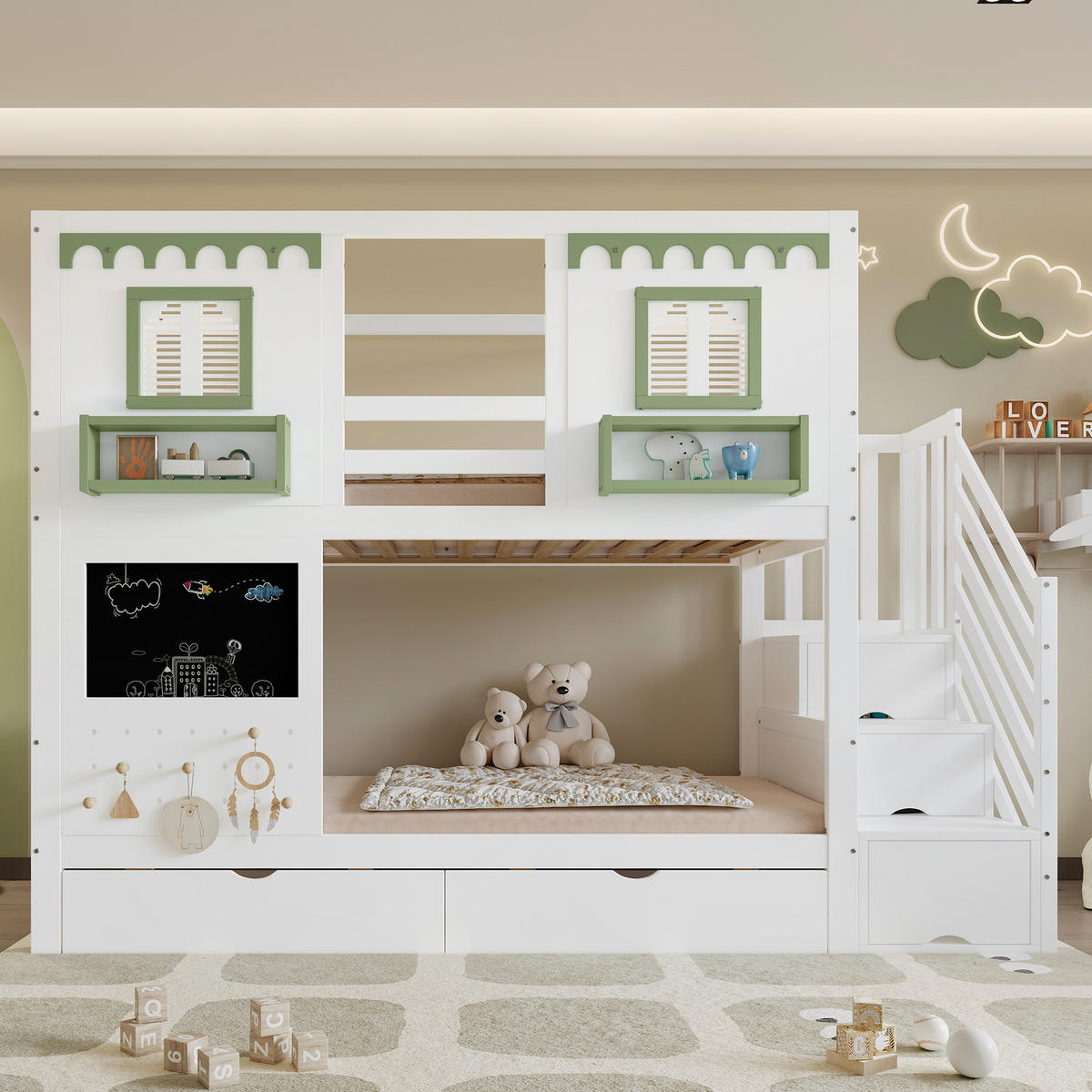 ETAGENBETT Mit kleinem Lochbrett-Bereich Weiß+Grün - Weiß, Holz (90/200cm) - ComfortXL