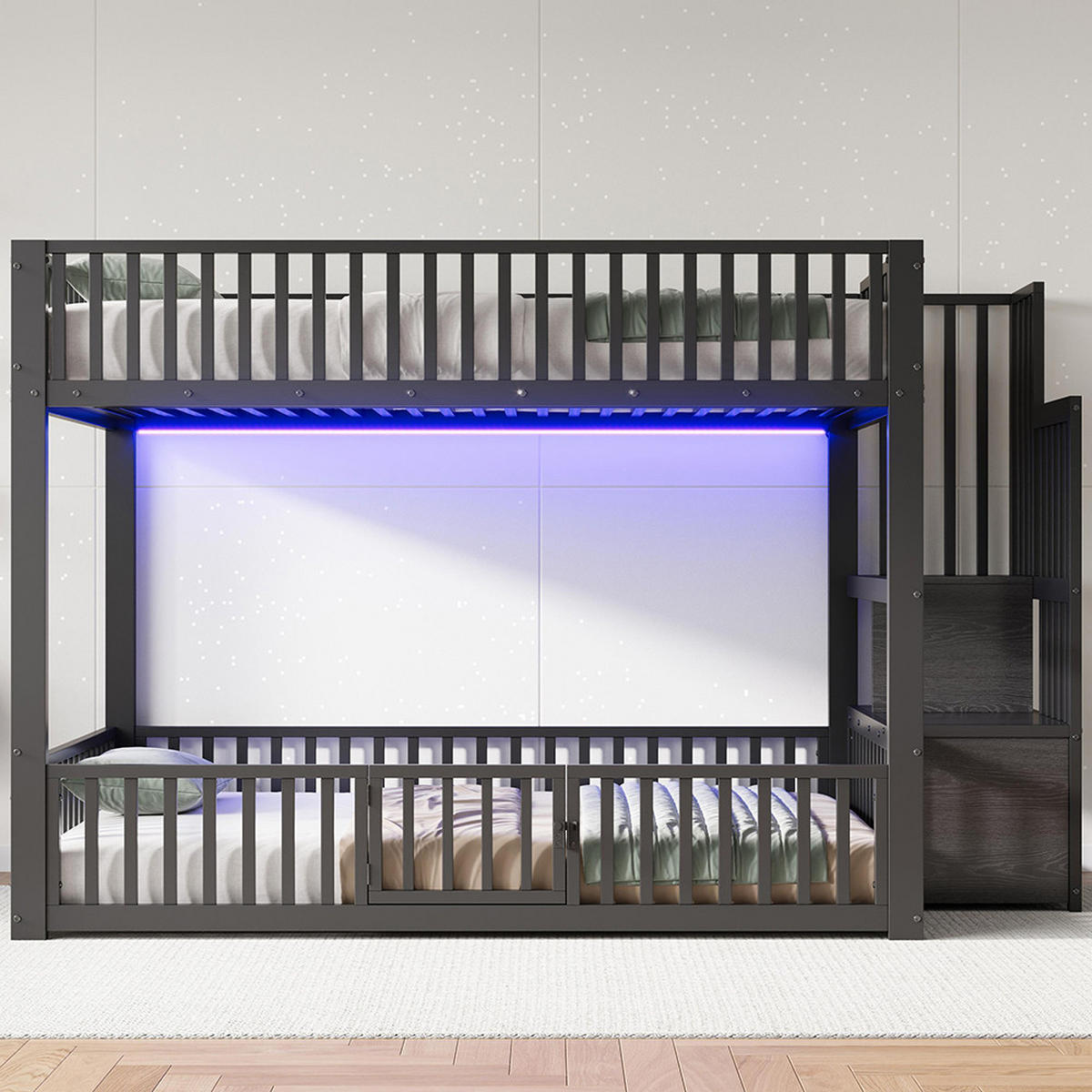 ETAGENBETT 140x200 cm mit Stauraumleiter und mit LED, Schwarz - Schwarz, Metall (140/200cm) - KOMHTOM