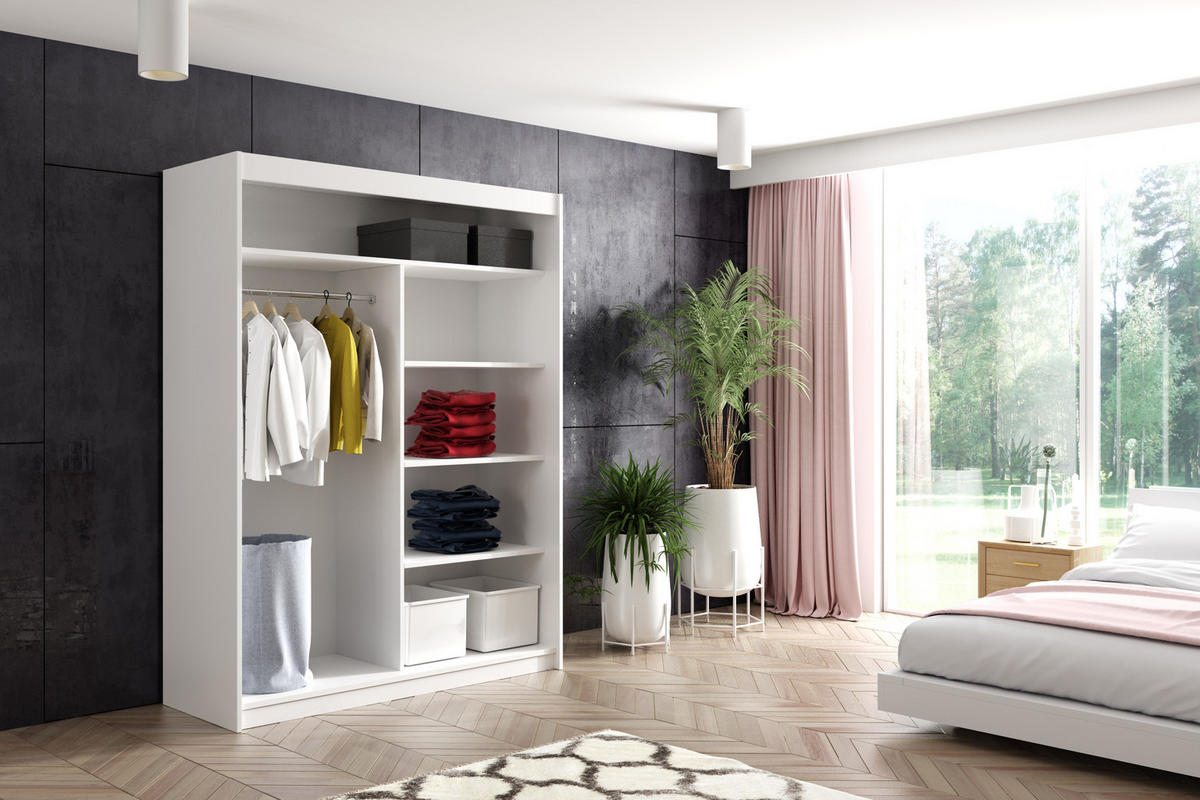 KLEIDERSCHRANK mit Spiegel-Schiebetüren und Aluminium-Leisten - NALLA - 160 cm Grau+Grau+Weiß - Weiß/Grau, Holzwerkstoff (160/216/61cm) - ALTDECOR