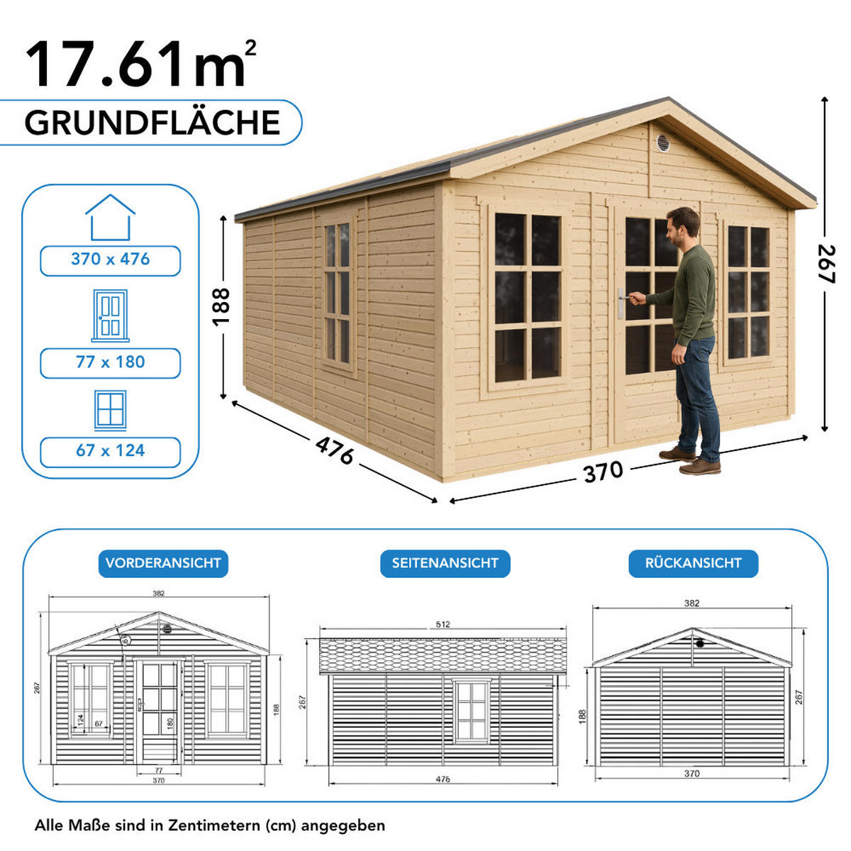 GARTENHAUS HOLZ M736 370 x 480 cm - Naturfarben, Holz (382/276/512cm) - Timbela