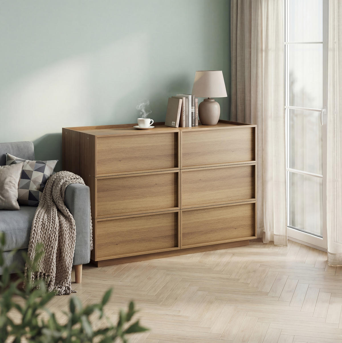 KOMMODE 115/48/78 cm aus MDF und Holzwerkstoff mit 6 grifflosen Schubladen Eichefarben - Nussbaumfarben, Holzwerkstoff (115/78/48cm) - Modenvie