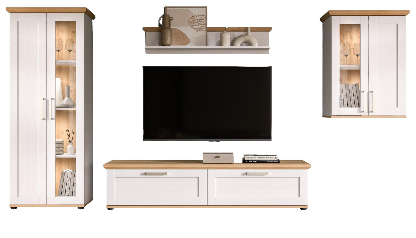 WOHNWAND 4-teilig weiß Lärche, Eiche Artisan 316 cm Landhaus, Schrankwand mit viel Stauraum - Silberfarben/Schwarz, Holzwerkstoff/Kunststoff (316/161/40cm) - Inn.Furn