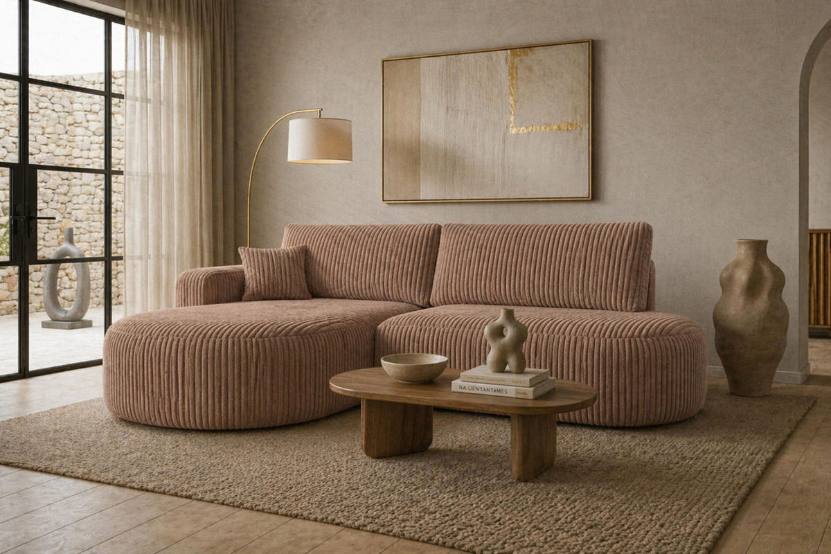ECKSOFA Mit Schlaffunktion Und Bettkasten, Cordstoff Tilia, Braun, Links, ROUND ONE OPEN XL - Braun, Holz (262/175cm) - Kaiser Möbel