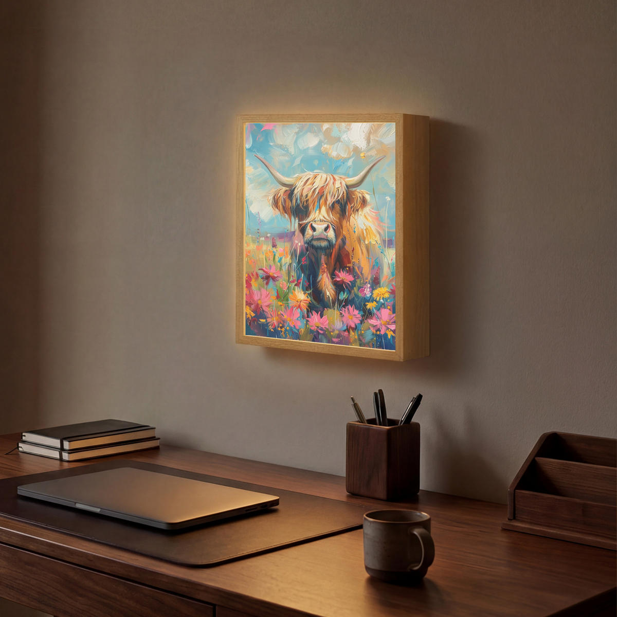 NÁSTĚNNÁ LAMPA S AKUMULÁTOREM Skotský horal - Příroda - Barevné - Květiny 30x40 cm - různobarevná, kompozitní dřevo (30/40/8cm) - OnlyWow